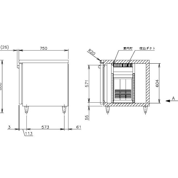テーブル形冷凍庫(内装ステンレス、インバーター) FT-150SDG-1 幅1500×奥行750×高さ800(790〜830)(mm)単相100V 送料無料 - 3