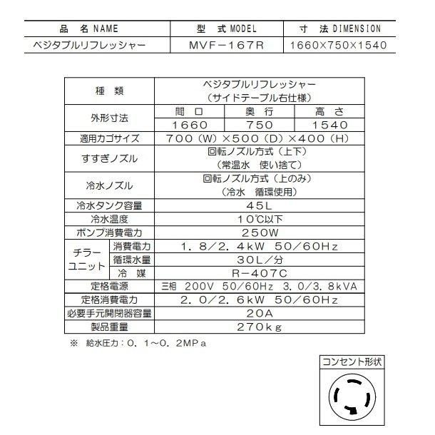 ベジタブルリフレッシャー MVF-167R マルゼン 3Φ200V サイドテーブル右タイプ