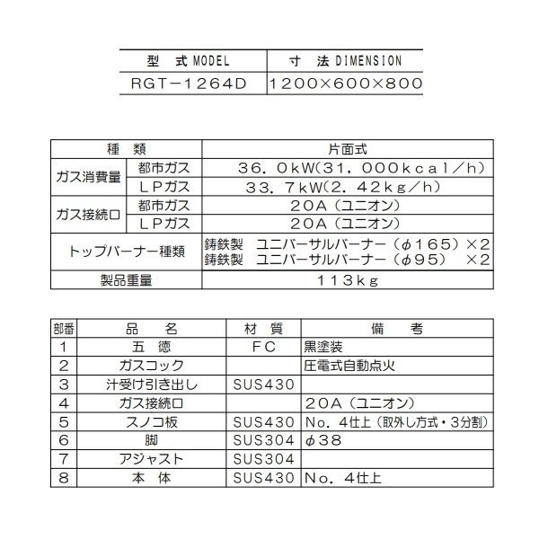 RGT-1264D　（旧型番：RGT-1264C）　マルゼン　NEWパワークックガステーブル　バーナーΦ165×2・Φ95×2　クリーブランド -  業務用厨房・光触媒コーティング・店舗内装工事 空調空調 他 各種設備工事　| 新品中古の買取販売　【クリーブランド　仙台】