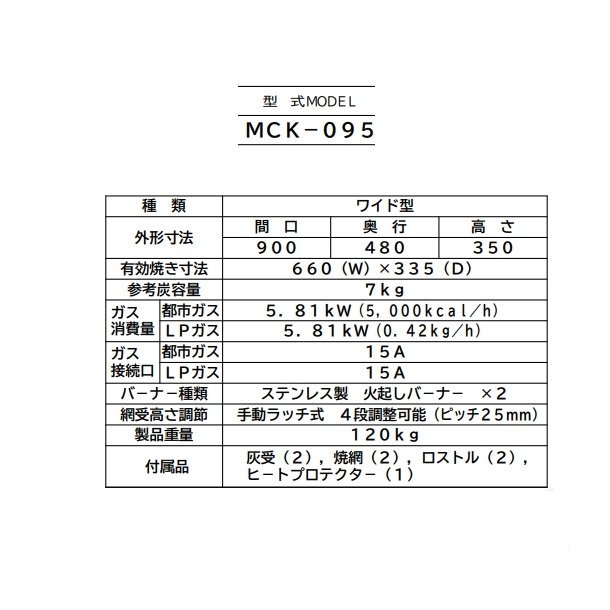 MCK-095　マルゼン　下火式焼物器　ガス式　《本格炭焼き》〈火起こしバーナー付〉　ワイド型　クリーブランド -  業務用厨房・光触媒コーティング・店舗内装工事 空調空調 他 各種設備工事　| 新品中古の買取販売　【クリーブランド　仙台】