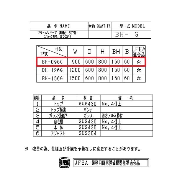 BH-096G マルゼン 調理台ガラス引戸付 バックガードあり - 業務用厨房