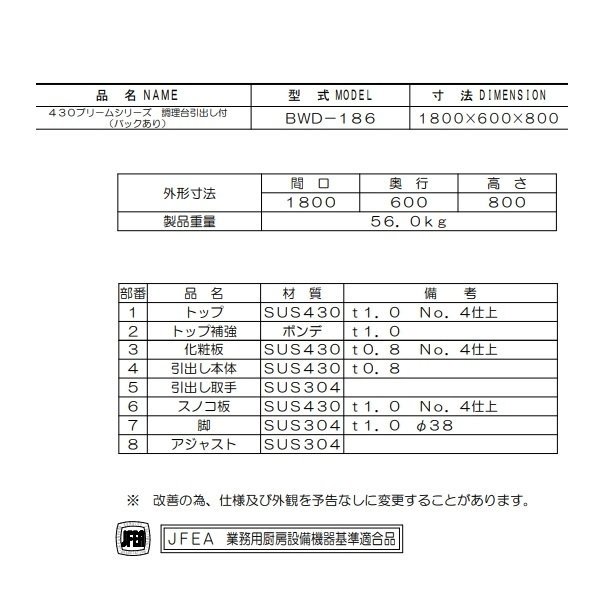 BWD-186 マルゼン 調理台引出付 バックガードあり - 業務用厨房