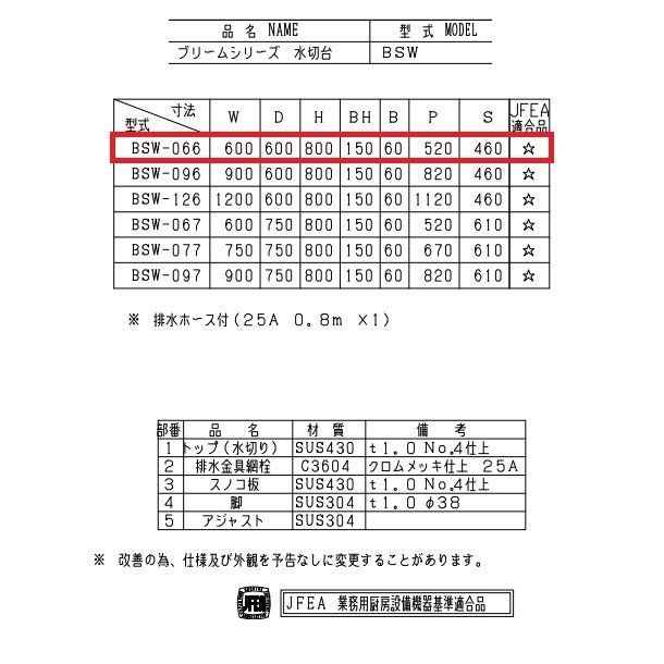 BSW-066 マルゼン 水切台 BGあり - 業務用厨房・光触媒コーティング