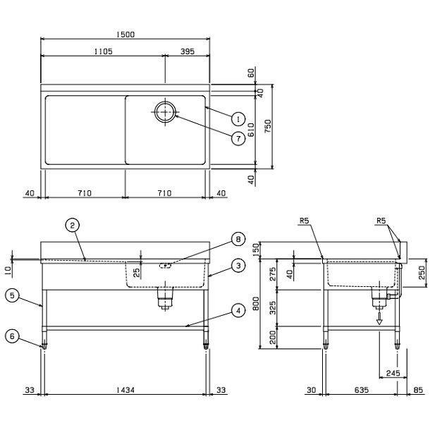 BSM1-157L マルゼン 水切付一槽シンク BG有 水切左 - 業務用厨房