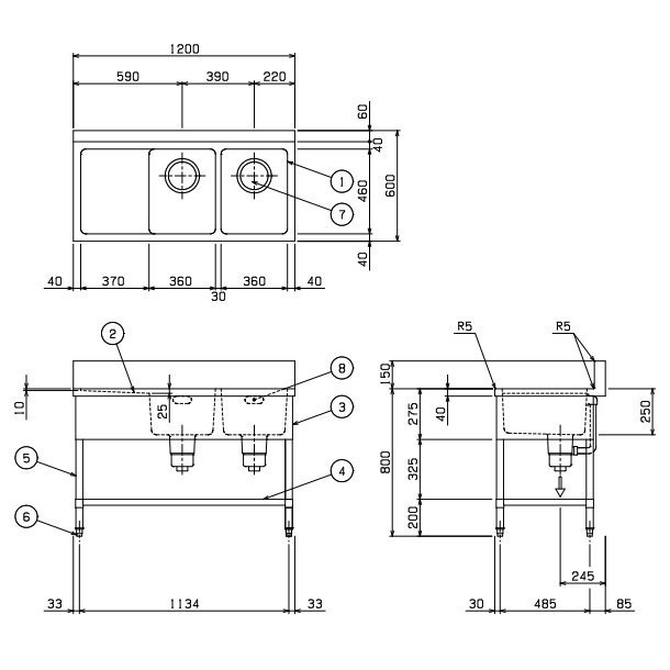 BSM2-126L マルゼン 水切付二槽シンク BG有 水切左 - 業務用厨房