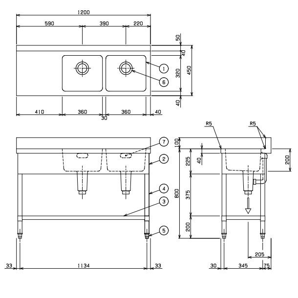 BST2-124L　マルゼン　台付二槽シンク　BG有　台左 - 業務用厨房・光触媒コーティング・店舗内装工事 空調空調 他 各種設備工事　|  新品中古の買取販売　【クリーブランド　仙台】