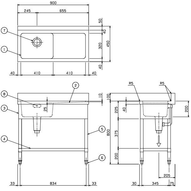 BSM1X-094R SUS304仕様 マルゼン 一槽水切付シンク BGあり 水切：右