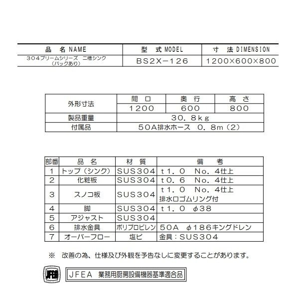 BS2X-126 SUS304仕様 二槽シンク マルゼン BGあり 【受注生産品】