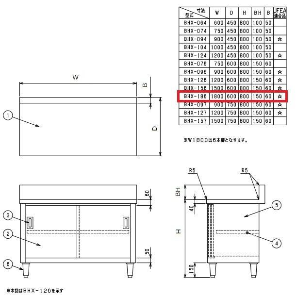 BHX-186 SUS304 マルゼン 調理台引戸付 バックガードあり - 業務用厨房