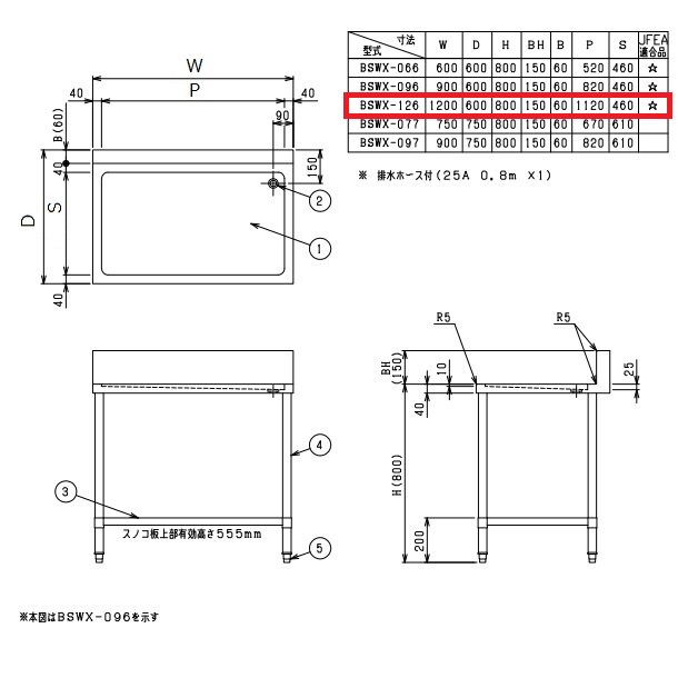 BSWX-126 SUS304 水切台 マルゼン バックガードあり - 業務用厨房