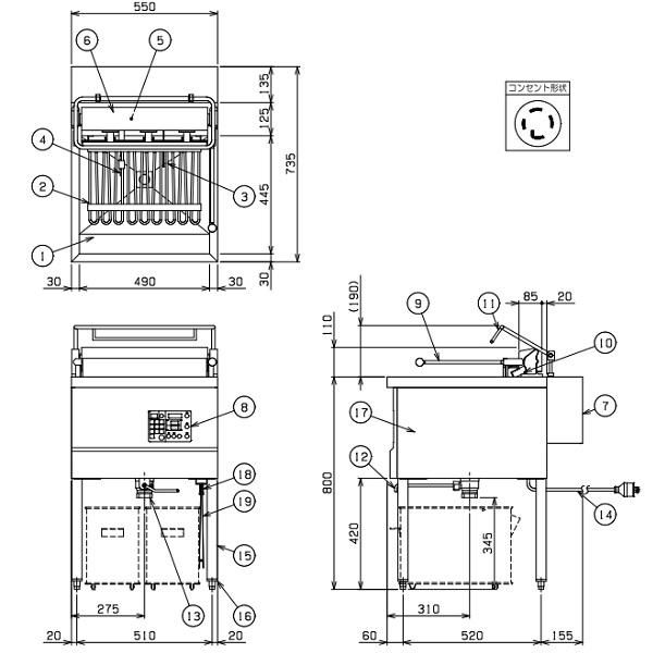 MEF-DL23B　マルゼン　デリカ向け電気フライヤー　オートリフト　操作部正面パネル仕様　3φ200V