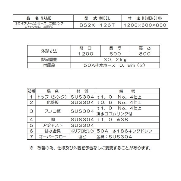 BS2X-126T SUS304仕様 マルゼン 二槽シンク BGなし 三面アール 【受注