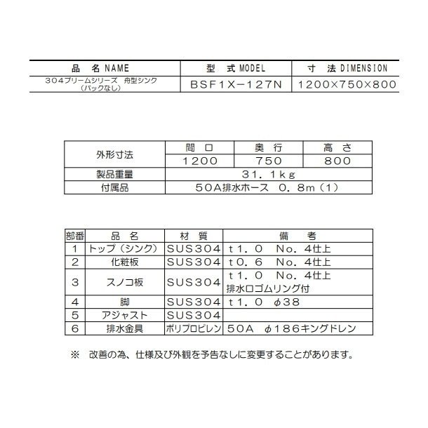 BSF1X-127N SUS304仕様 マルゼン 舟形シンク BGなし - 業務用厨房