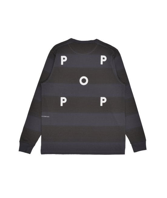POP TRADING COMPANY " STRIPED LOGO LONGSLEEVE T-SHIRT IN CHARCOAL/ DELICIOSO "