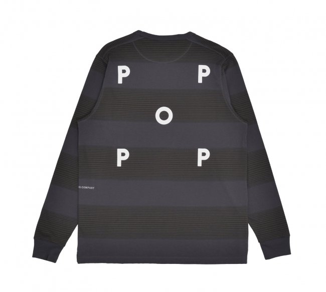 POP TRADING COMPANY " STRIPED LOGO LONGSLEEVE T-SHIRT IN CHARCOAL/ DELICIOSO "