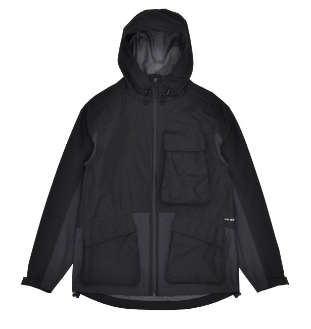 POP TRADING COMPANY " BIG POCKET HOODED TECH JACKET IN BLACK/ ANTHRACITE"