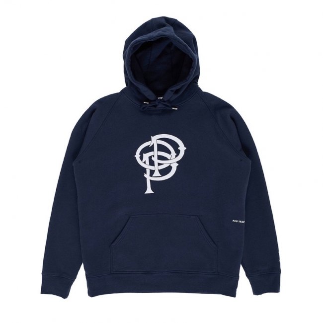 POP TRADING COMPANY " INITIALS HOODED SWEAT IN NAVY "