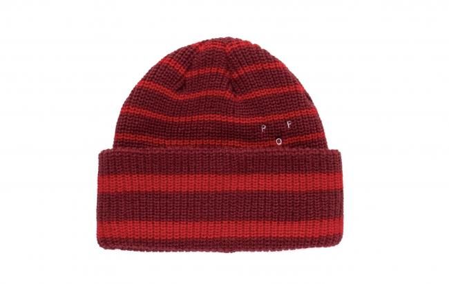 POP TRADING COMPANY " STRIPED BEANIE IN FUDGE/ GOJI BERRY " 