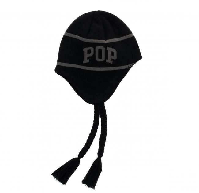 POP TRADING COMPANY " EARFLAP BEANIE IN BLACK/ CHARCOAL " 