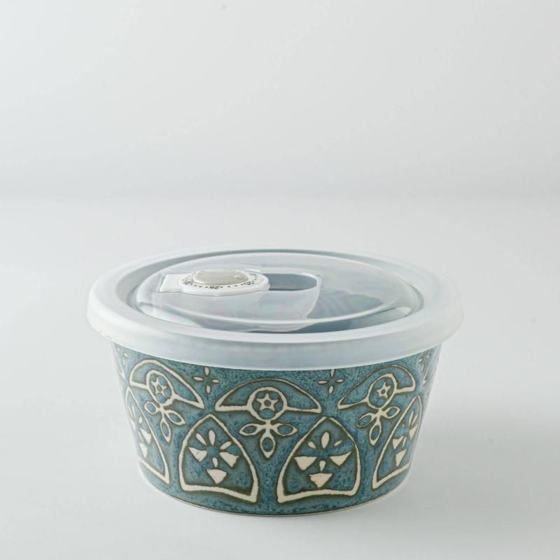 マ*ル様 円形蓋付き陶器 緑色模様 マ*ル様 円形蓋付き陶器 緑色模様 マ*ル様 円形蓋
