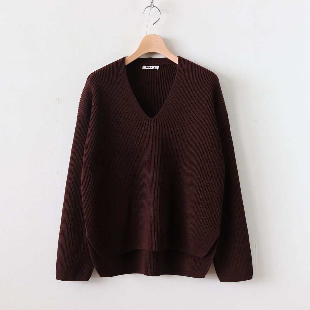 AURALEE / SUPER FINE WOOL RIB KNIT V NECK P/O DARK BROWN