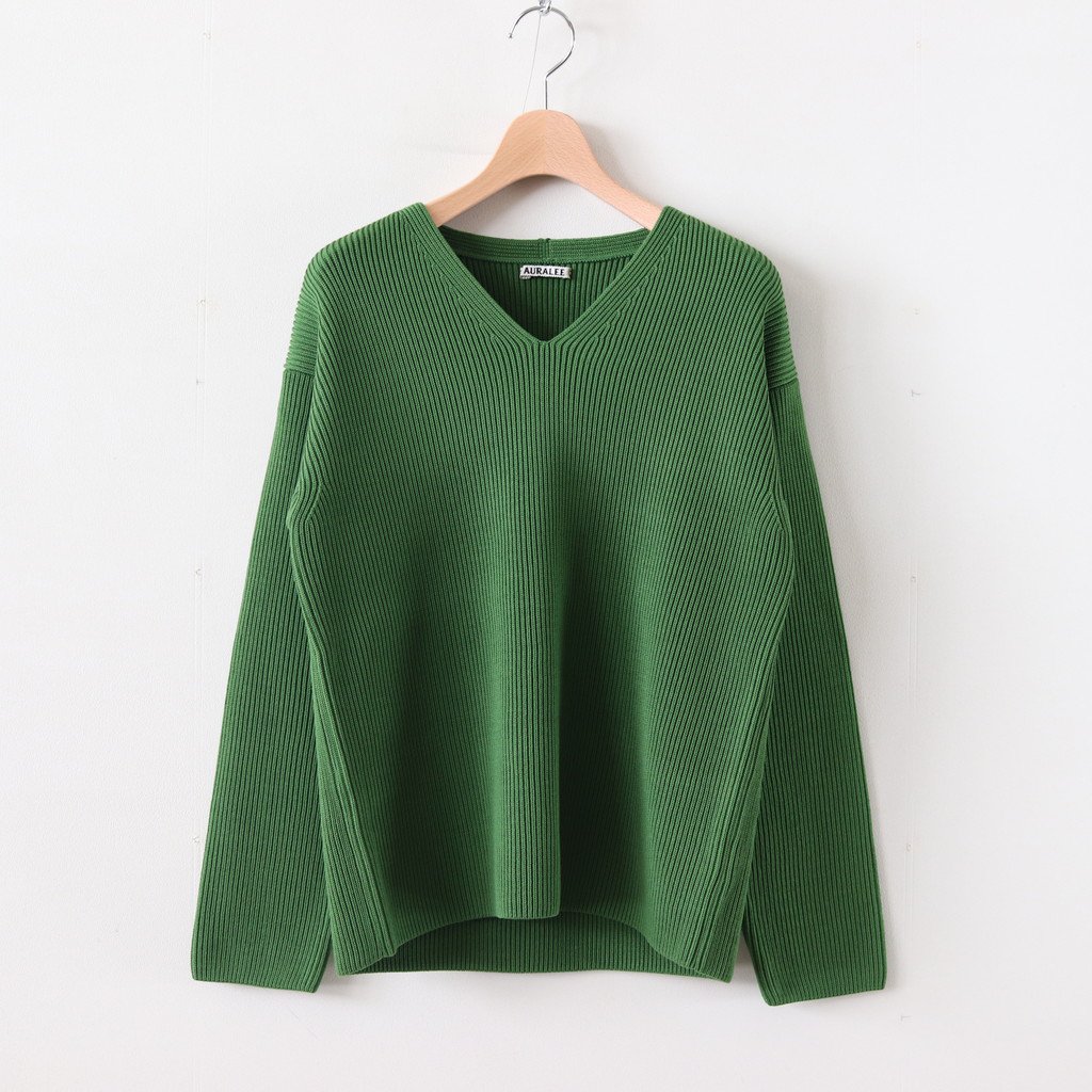 AURALEE / SUPER FINE WOOL RIB KNIT V NECK P/O GREEN