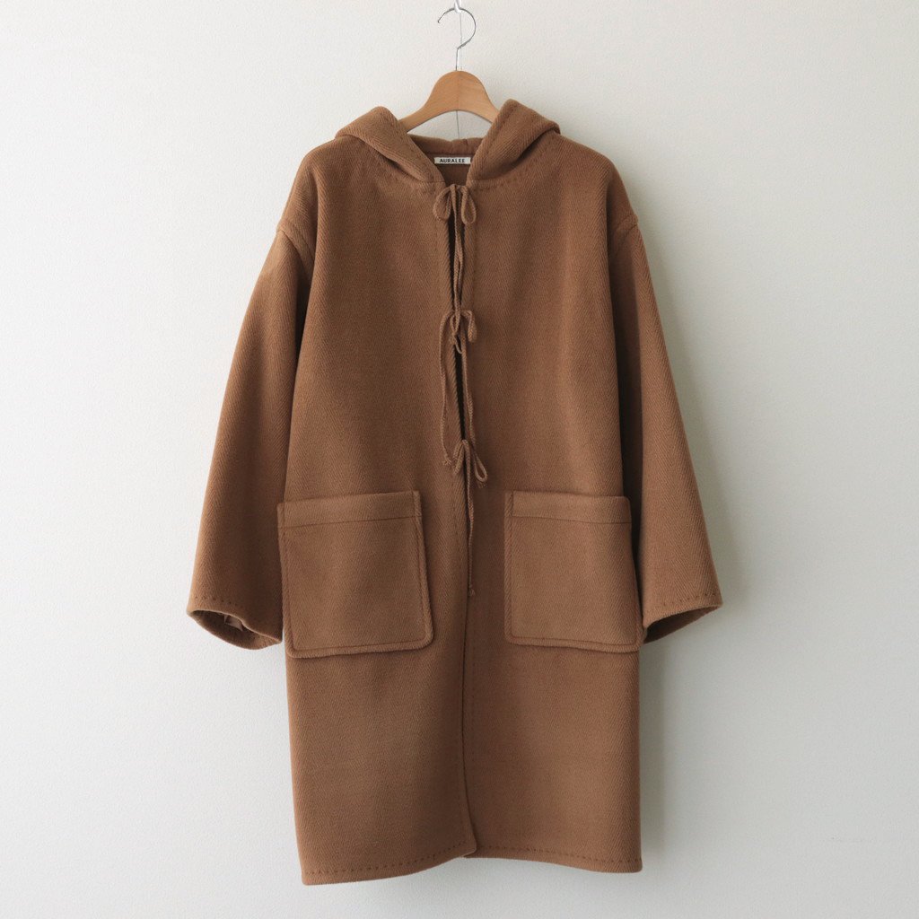 AURALEE / WOOL HERINGBONE PILE HOODED COAT BROWN