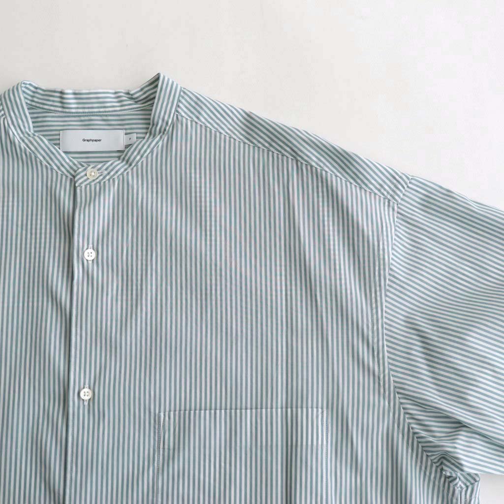 Graphpaper / BROAD STRIPE S/S OVERSIZED BAND COLLAR SHIRT GREEN STRIPE