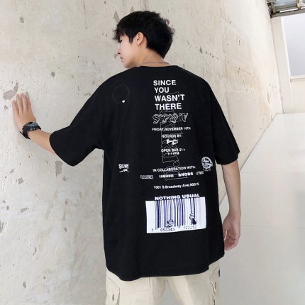 バーコード Tシャツ バックプリント ビッグシルエット 韓国ファッション 黒 - knucklemelon-wholesale