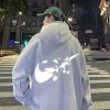 韓国　秋冬　メンズ　光るLOGO  プリント　フード　パーカー　オーバーサイズ　グレー