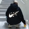 韓国　秋冬　メンズ　光るLOGO  プリント　フード　パーカー　オーバーサイズ　ブラック