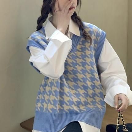 秋冬 千鳥柄 ニット Vネック ベスト ゆったり 韓国 オルチャン 
