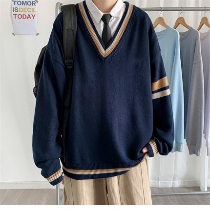 韓国 メンズ Vネック ニット セーター オーバーサイズ 学生 ネイビー