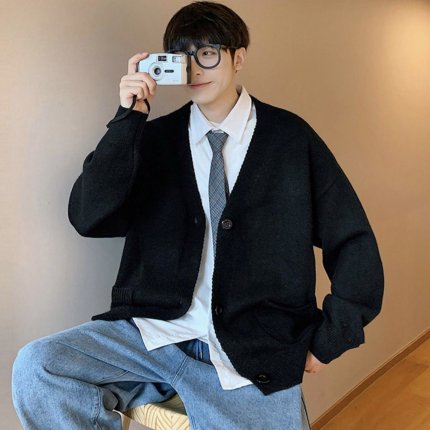 韓国 メンズ ニット カーディガン セーター オーバーサイズ 学生 ブラック - ナックルメロン