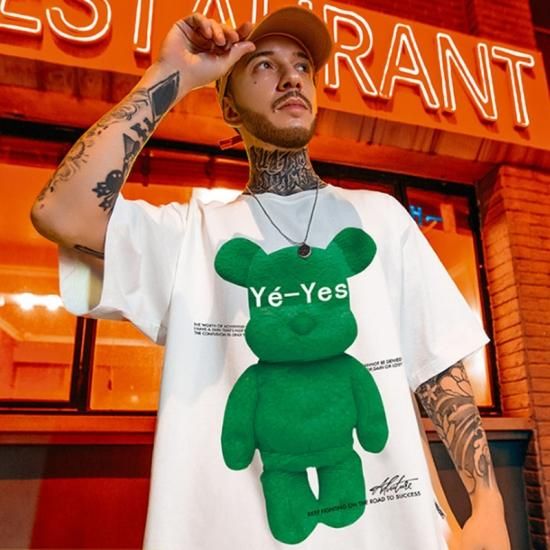 韓国 メンズ くま ベア Yes ストリート 半袖 Tシャツ ホワイト