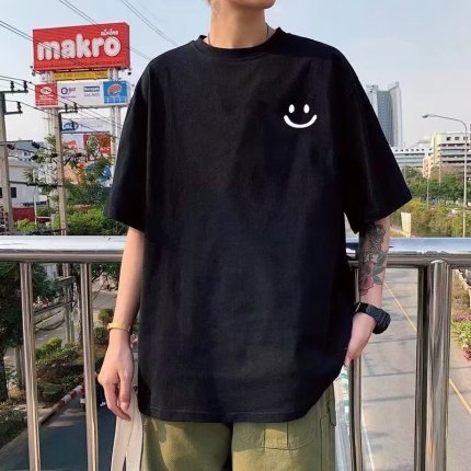 ワンポイント ニコちゃん 半袖 Tシャツ 韓国 メンズ ブラック 黒