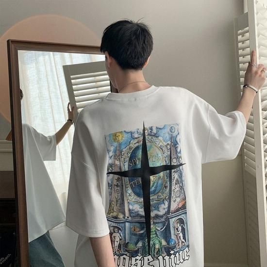 メンズ バックプリント 半袖 Tシャツ 韓国 ホワイト 白