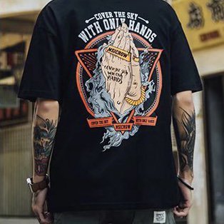 和柄 和風 バックプリント メンズ 半袖 Tシャツ 韓国 ストリート ブラック - knucklemelon-wholesale