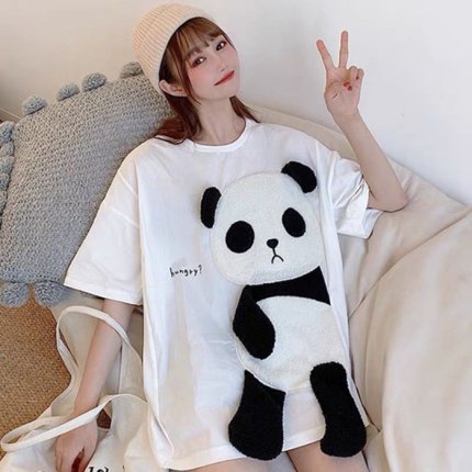 パンダ 韓国 レディース 半袖 Tシャツ ホワイト - knucklemelon-wholesale