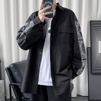 韓国 ペイズリー柄 長袖 オーバーサイズ シャツ メンズ ブラック 