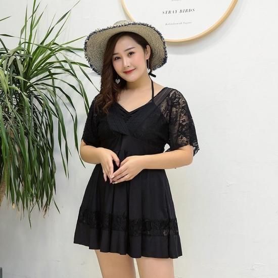 レディース 大きいサイズ 3XL 水着 半袖 ワンピース レース 黒