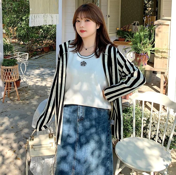 ストライプ柄フーディーカーディガン☆ - 大きいサイズの韓国