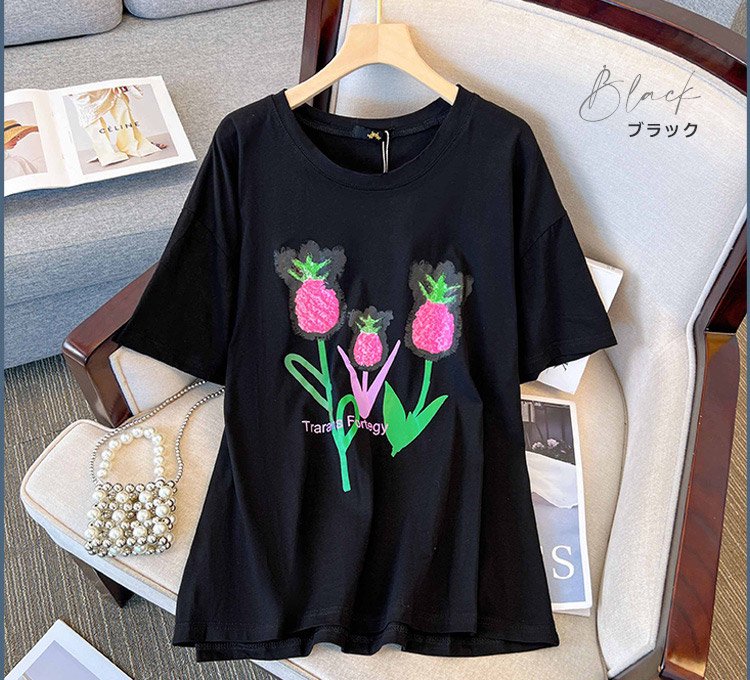 韓国風花柄Tシャツ