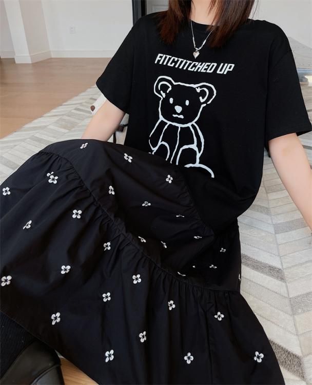 クマプリント 半袖ワンピース とエプロンのセット100cm~