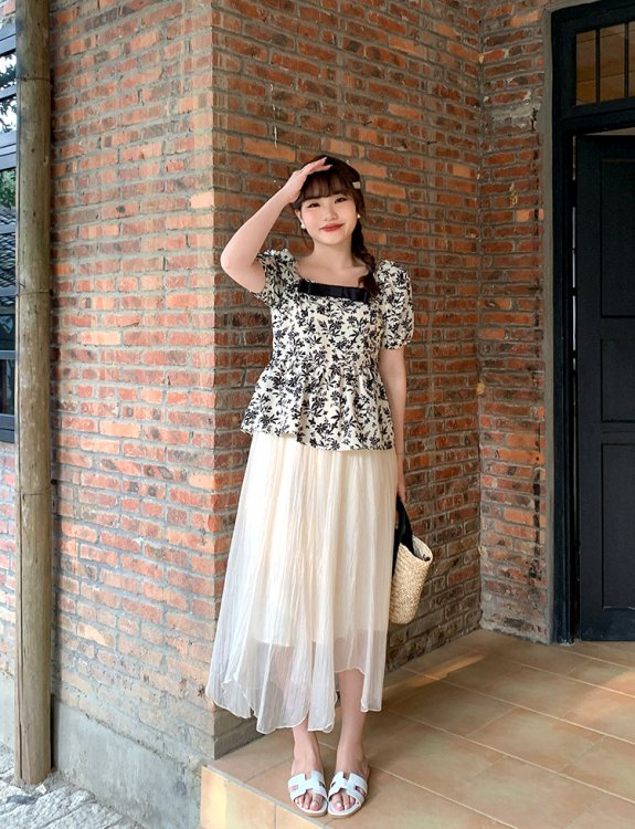 透明感漂う♪ウエストゴムのシアーなアシンメトリーロングスカート☆ - 大きいサイズの韓国レディースファッション通販 ミニョン！