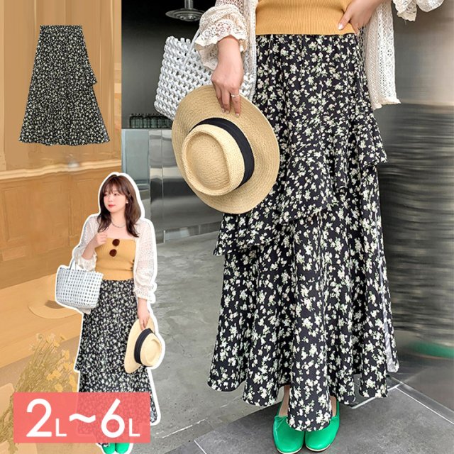 フリルが上品♪スリット入り花柄ロングスカート☆ 大きいサイズの韓国レディースファッション通販 ミニョン！