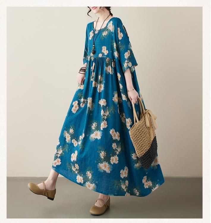 レトロ感のあるブルー♪袖が長めも嬉しいワンピース《ゆったり