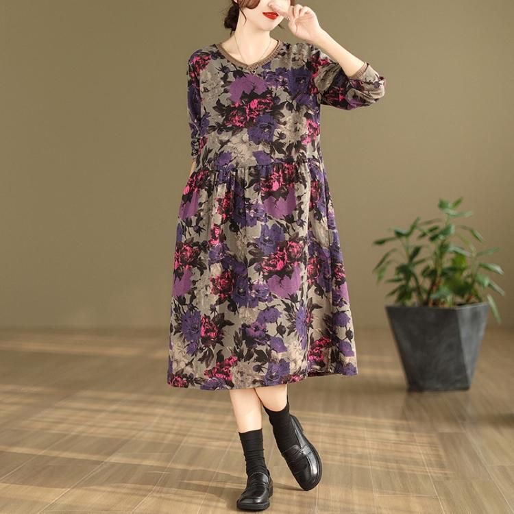 ワンピース 花柄ワンピース S-2XL 長袖 レトロ 韓国 7839 レディース Vネック 花柄 シフォン ロングワンピース レトロ