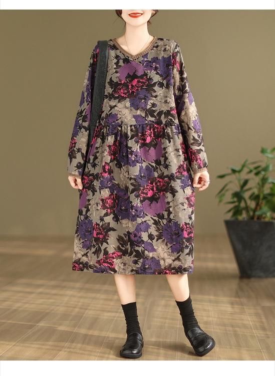 レトロ感たっぷりの芸術的な花柄ワンピース《ゆったり》☆ - 大きい