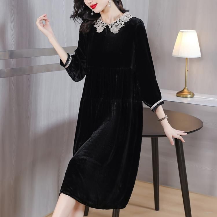 ベロアの光沢とレースが女性らしいワンピース☆ - 大きいサイズの韓国